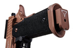 Close-up of ARMY ARMAMENT pistol grip with tti sand viper magazine base plate in tan and black
