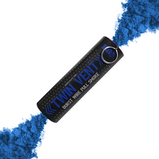 Enola Gaye Twin Vent burst smoke grenade emitting vibrant blue smoke on white background