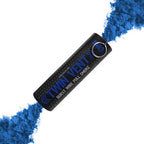 Enola Gaye Twin Vent burst smoke grenade emitting vibrant blue smoke on white background