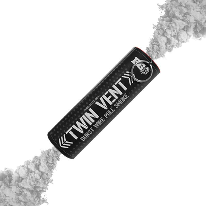 Enola Gaye Twin Vent burst smoke grenade releasing gray smoke from both ends