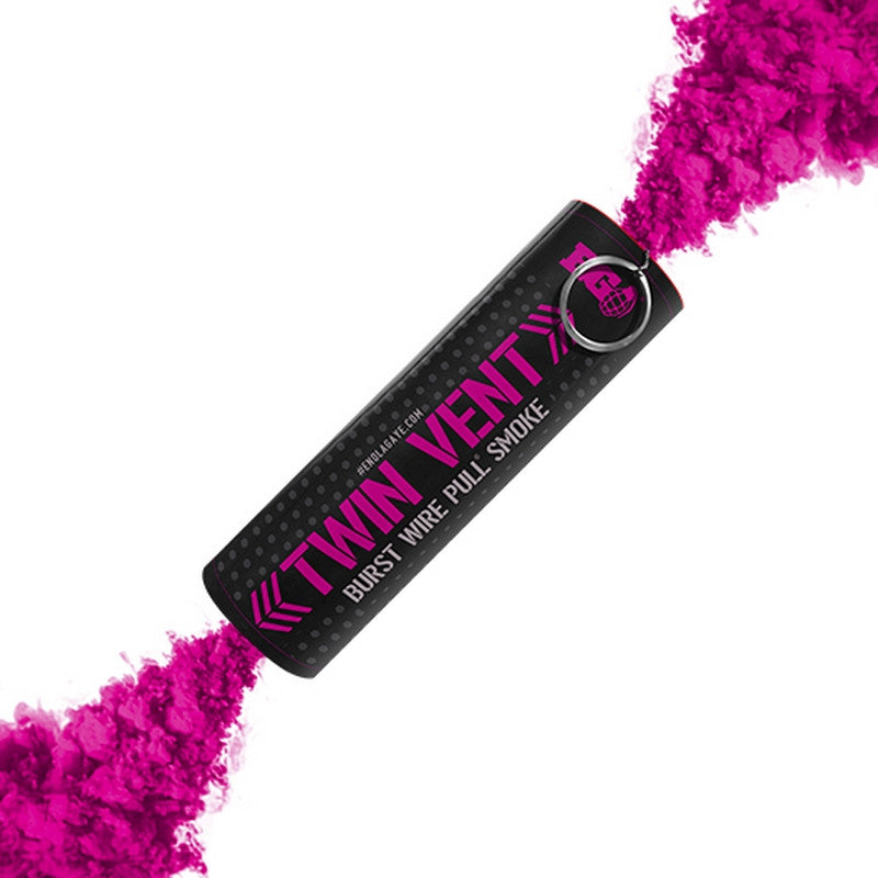 Enola Gaye Twin Vent burst smoke grenade releasing vibrant pink smoke on white background