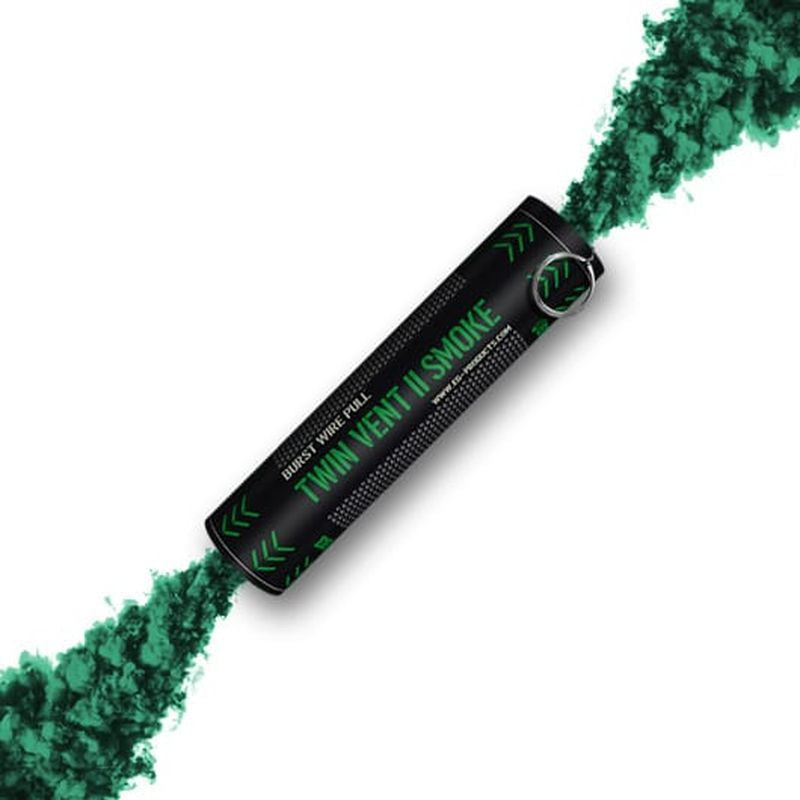 Enola Gaye twin vent smoke canister emitting green burst smoke grenade with dual smoke output