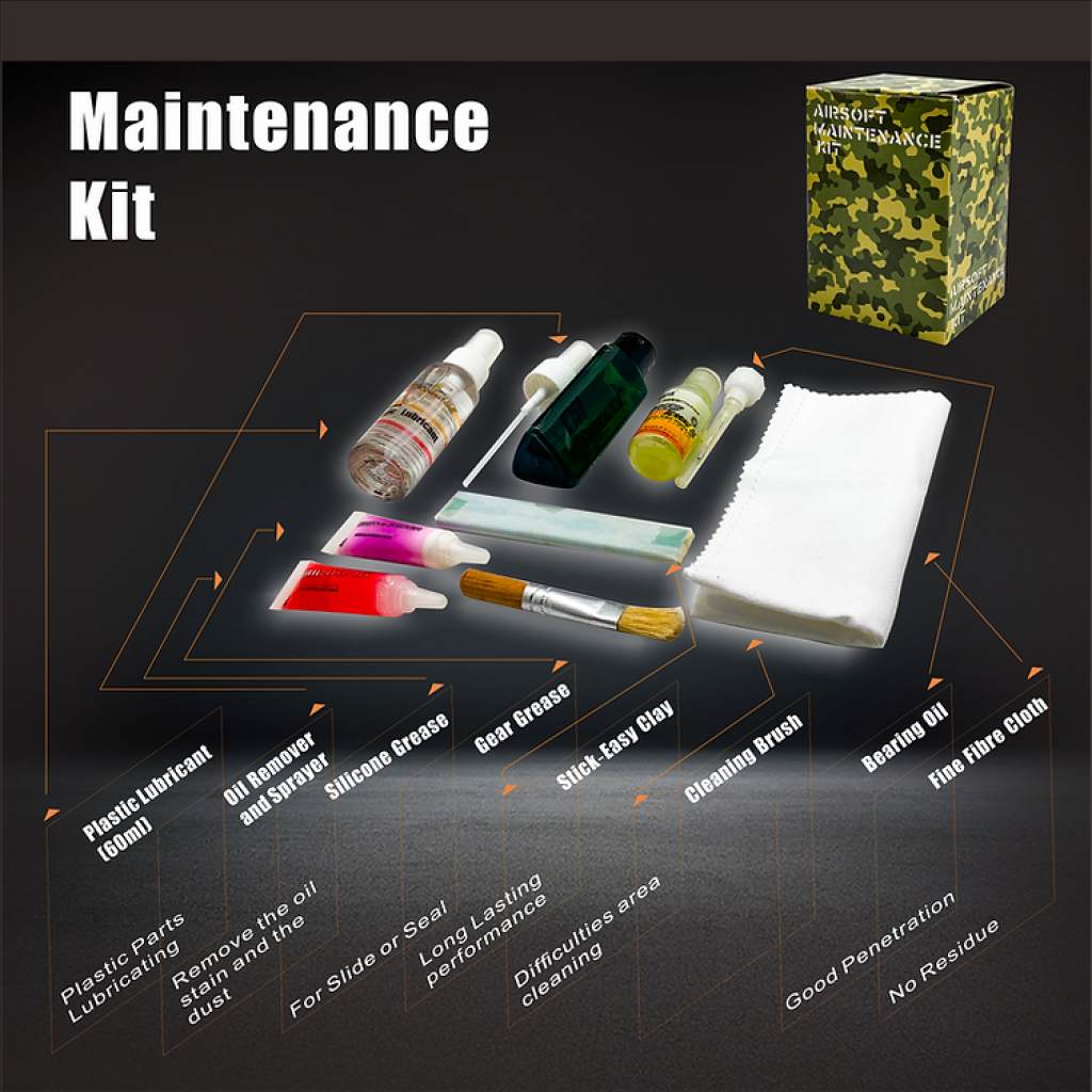 ULTRA FORCE AIRSOFT MAINTENANCE KIT including lubricants, oils, brushes, and cleaning cloths for effective airsoft upkeep