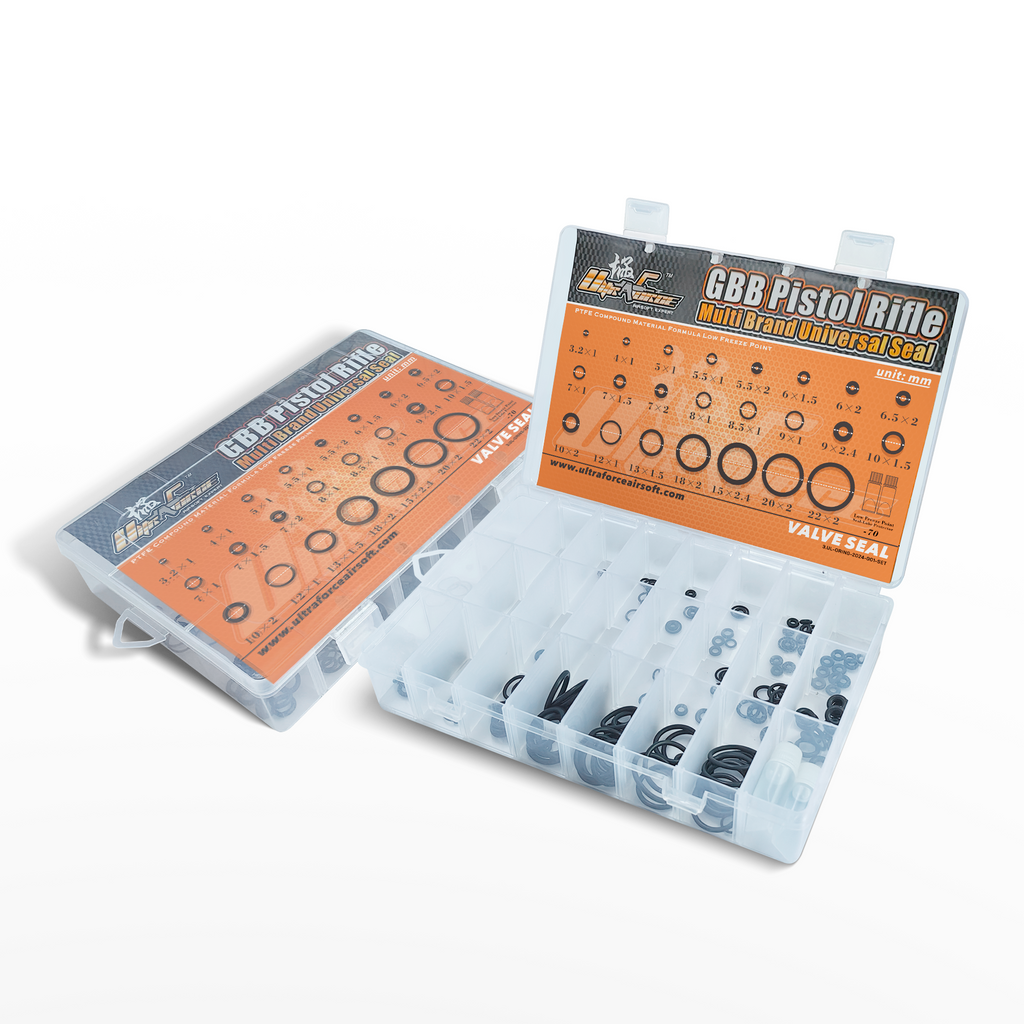 Ultraforce Airsoft O-Ring Kit for GBB pistols with multiple sizes and shapes in a clear storage case