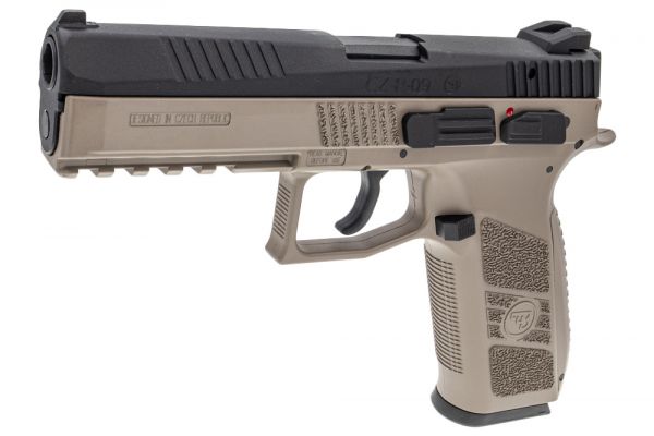 ASG P09 TAN AIRSOFT pistol replica with tan polymer frame black slide textured grip and accessory rail