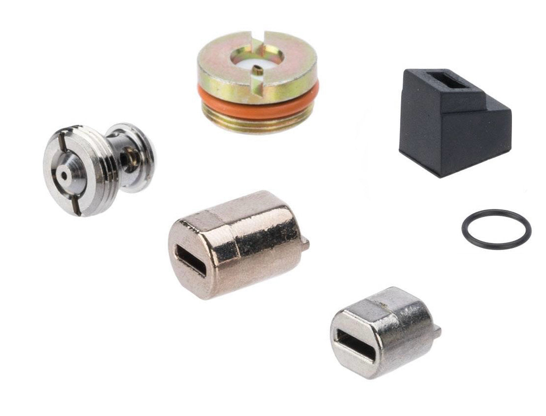 CYBERGUN airsoft valve replacement kit showing assorted metal valve parts o ring and polymer internal components