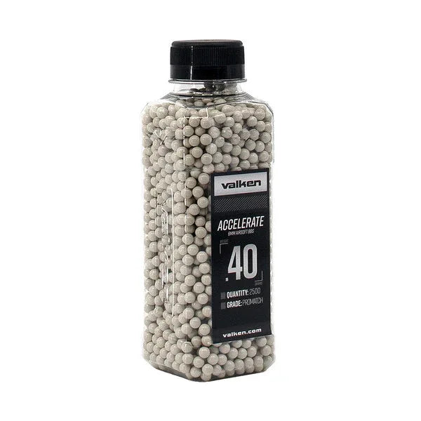 Valken Accelerate airsoft bbs in a clear bottle with a twist-off cap, ideal for airsoft enthusiasts