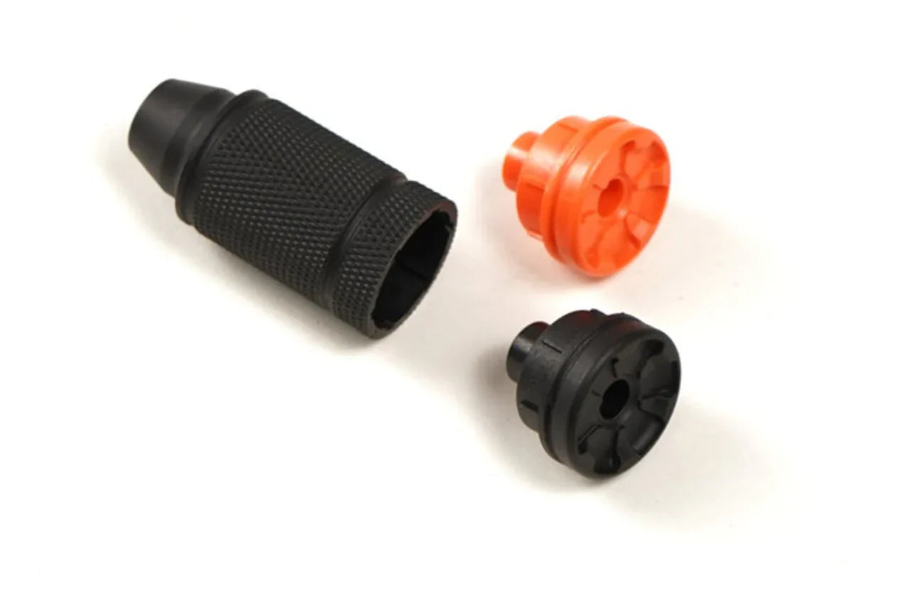 VALKEN AIRSOFT FLASH HIDER in black with interchangeable orange and black tips for airsoft rifles