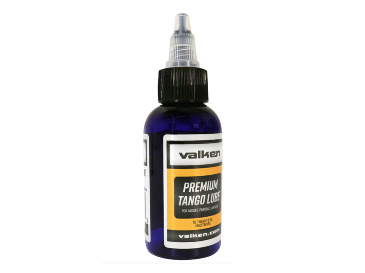 VALKEN Premium Tango Lube blue bottle with precision nozzle for airsoft gun lubricant maintenance