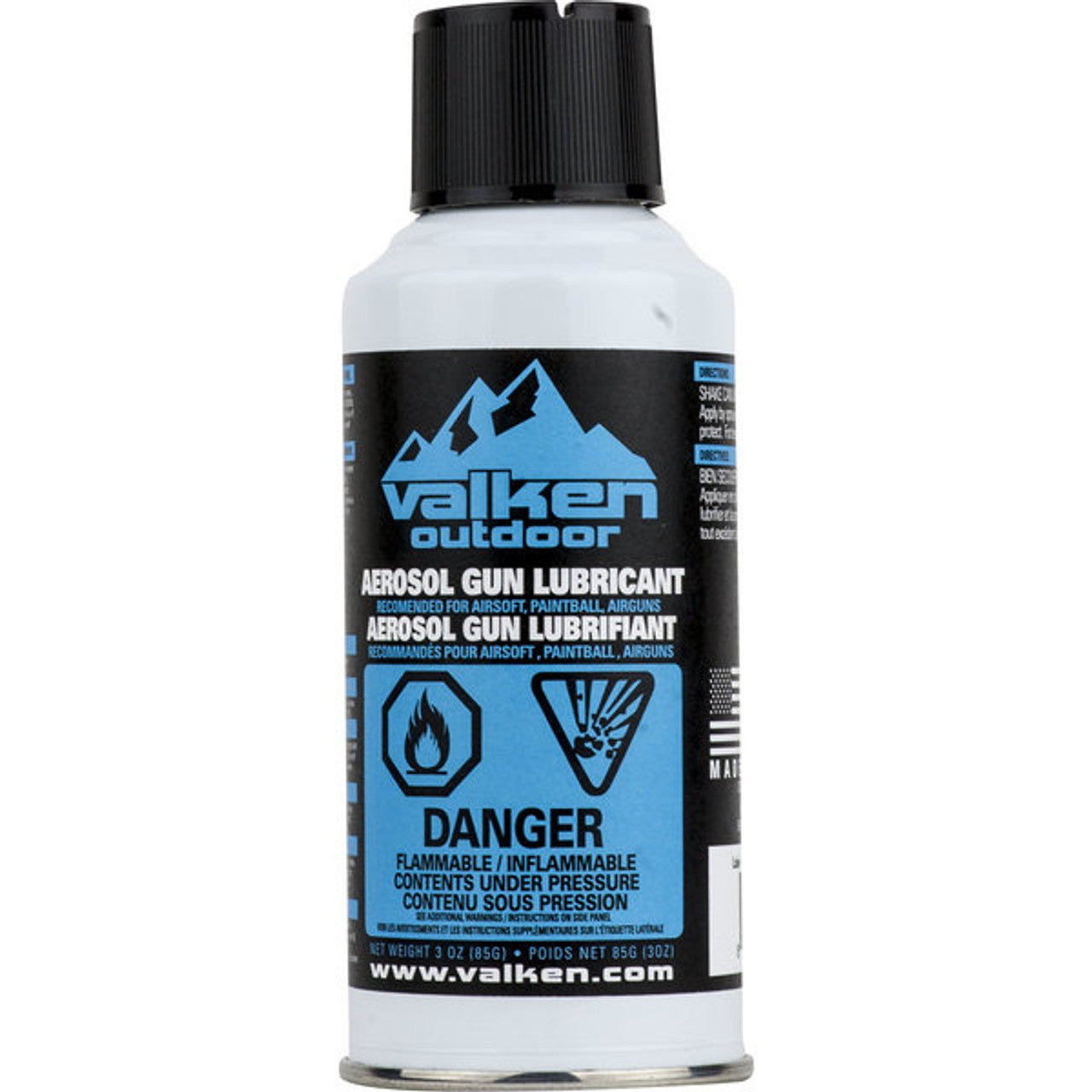 Valken aerosol gun can of airsoft silicone spray lubricant with blue black label and danger warning