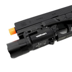 VALKEN LED FLASHLIGHT mounted on a tactical pistol for enhanced visibility in low light conditions