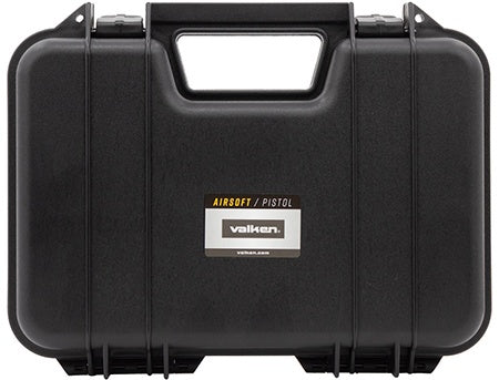 Black Valken pistol case with sturdy handle and secure latches for airsoft pistol storage
