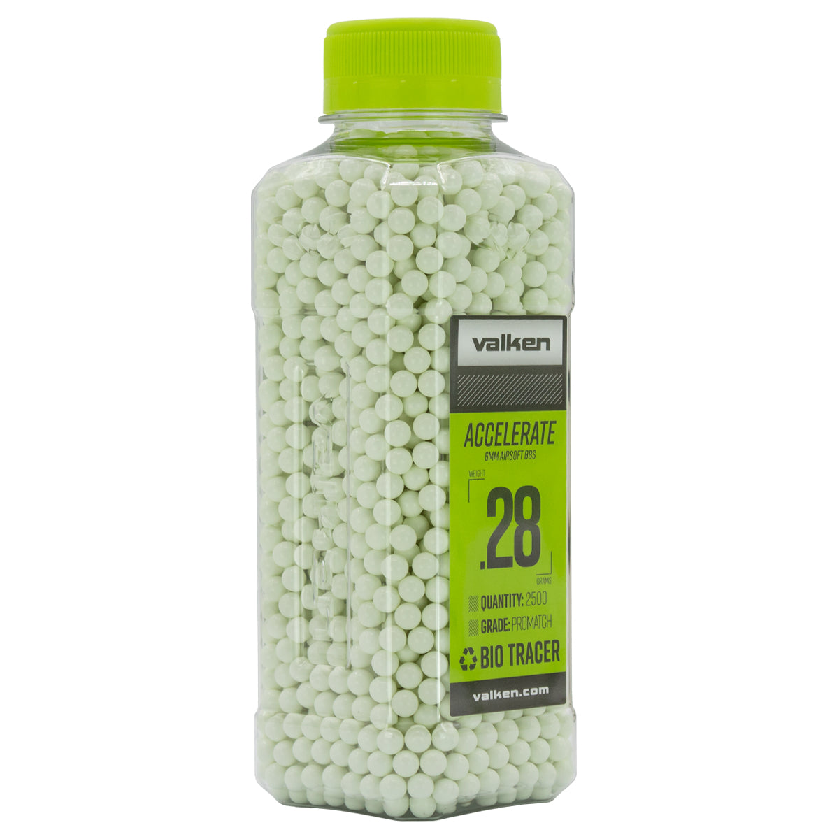 Valken 0.28g tracer BBs in clear plastic bottle with lime cap showing pale green bio tracer rounds