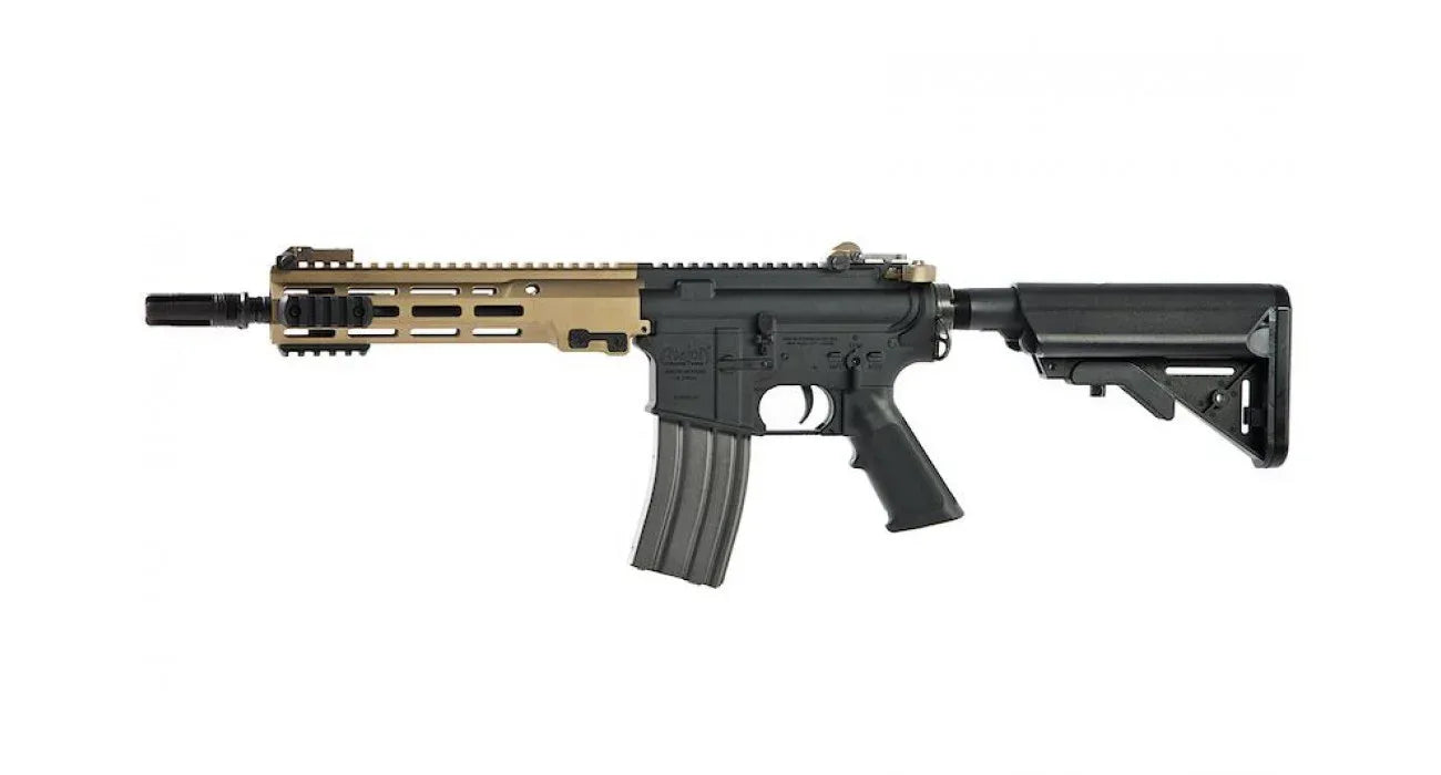VFC AVALON URGI airsoft rifle in black with tan accents and adjustable stock