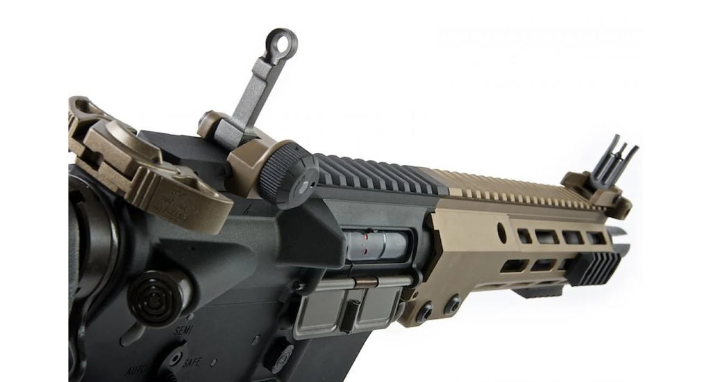 VFC Avalon URGI M4 CQB for sale AEG close up tan and black upper receiver with rail sights and MLOK handguard
