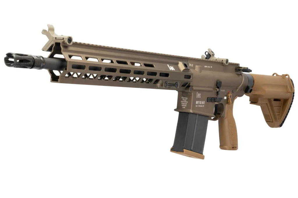 VFC UMAREX GBBR DMR AIRSOFT rifle in tan color with a sleek design and tactical features
