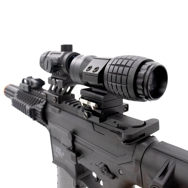 VALKEN 3x magnifier scope mounted on black tactical rifle for enhanced targeting accuracy