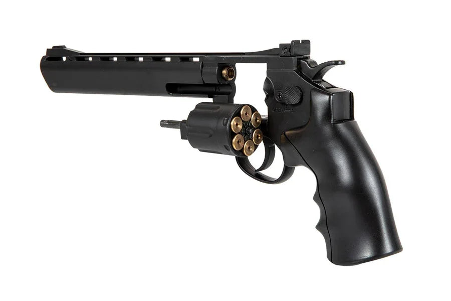 WELL G296D REVOLVER C02 black airsoft pistol with a tactical rail and six-round cylinder