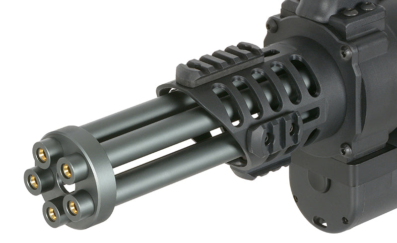 Close-up of WELL PRO MINIGUN AIRSOFT AEG with black rotating barrel and detailed casing