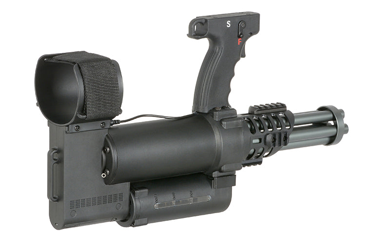 WELL PRO MINIGUN AIRSOFT AEG with black rotary barrels and ergonomic grip for realistic airsoft gameplay