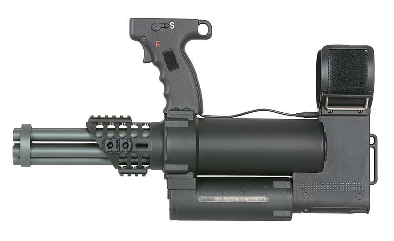 WELL PRO MINIGUN AIRSOFT AEG in black with realistic minigun design and rotating barrels