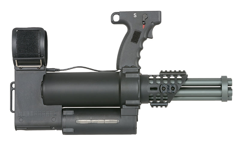 WELL PRO MINIGUN AIRSOFT black AEG model by WELL with rotating barrels and trigger grip