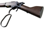 Close-up of AEG Winchester airsoft rifle featuring a wooden stock and detailed metal mechanism
