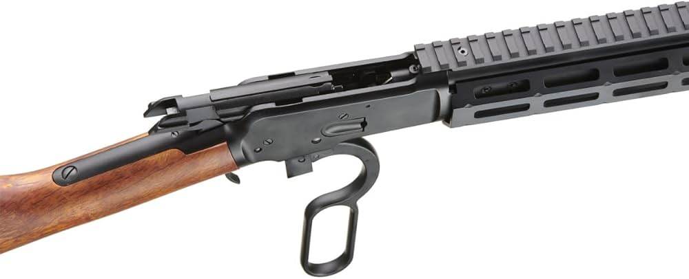 Close-up of WINCHESTER AIRSOFT rifle with wooden stock and black metal lever-action mechanism