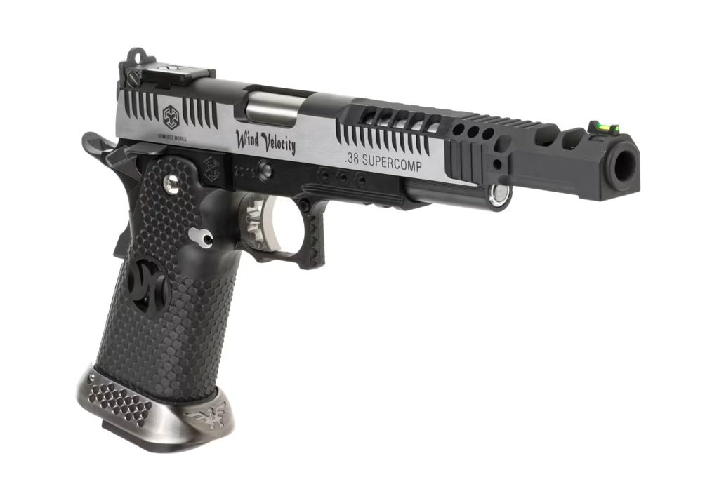 ARMORERWORKS 38 supercomp AIRSOFT pistol with black textured grip and metal slide