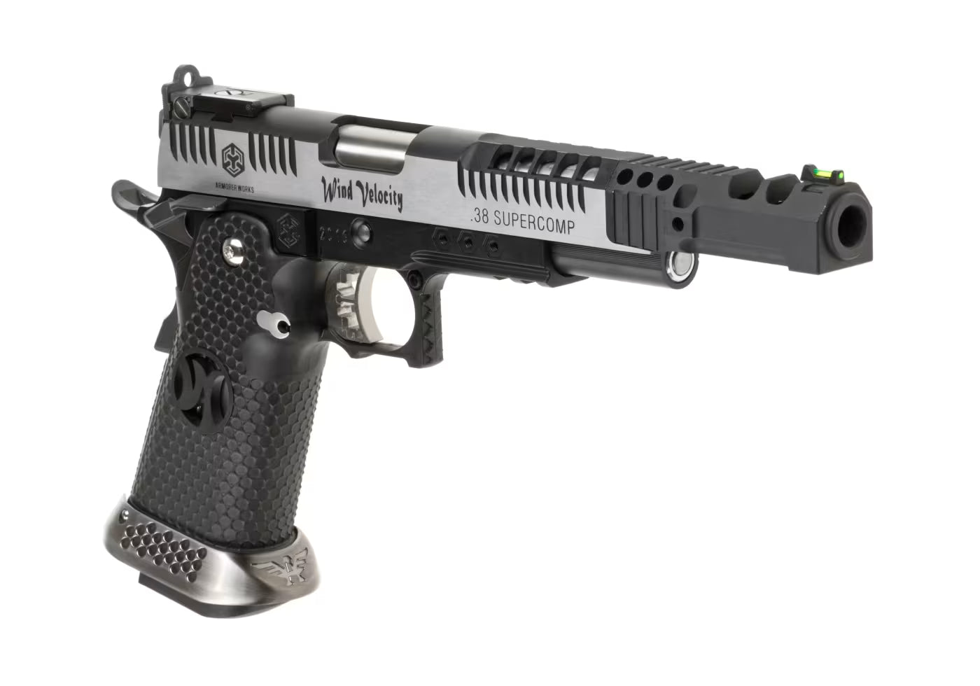 ARMORERWORKS 38 supercomp AIRSOFT pistol with black textured grip and metal slide