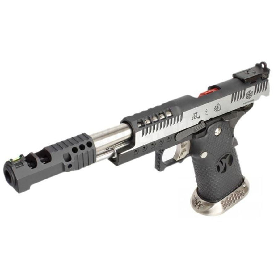 ARMORERWORKS 38 supercomp AIRSOFT pistol with textured grip and metallic silver and black finish