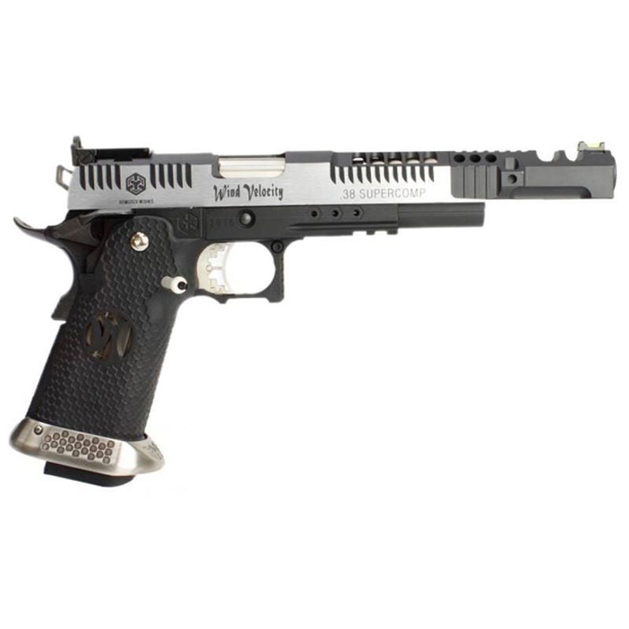 ARMORERWORKS 38 supercomp AIRSOFT pistol with black textured grip and silver slide detailing